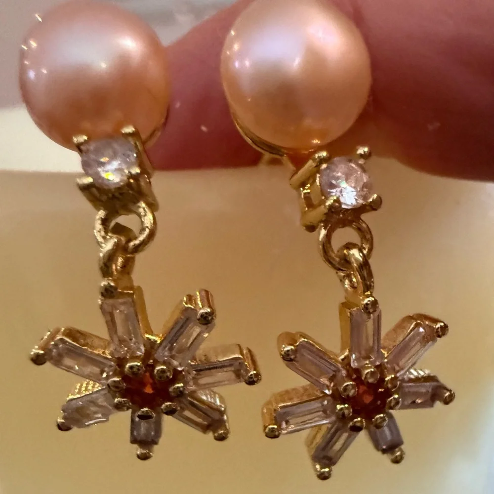Pearl & Ruby & Rhinestone Earrings - Picture 1 of 4